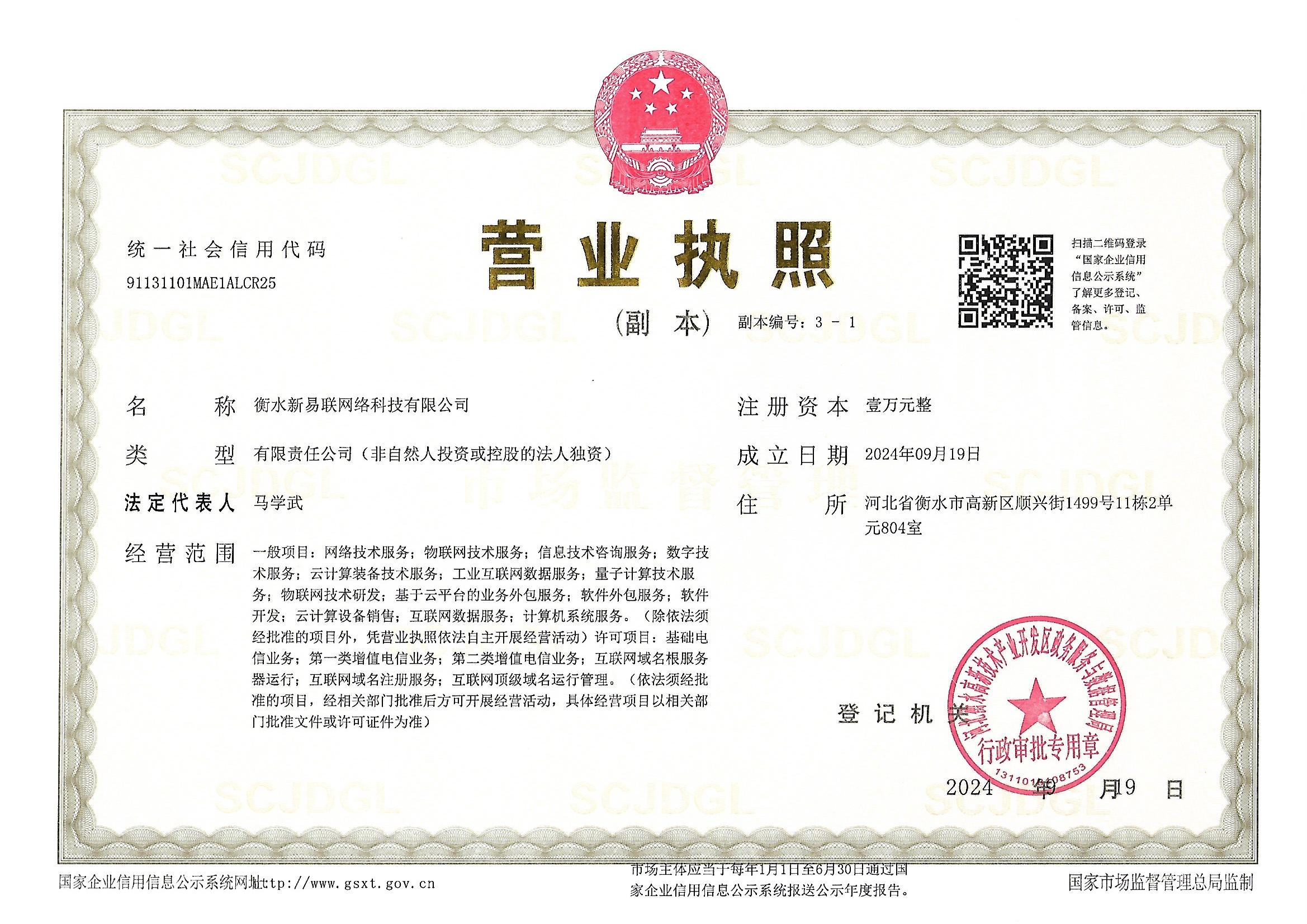 衡水新易联网络科技有限公司营业执照